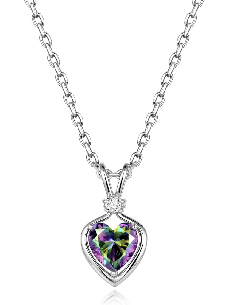 14k Solid White Gold Heart Birthstone Necklace For Women With Lab-Grown Diamond